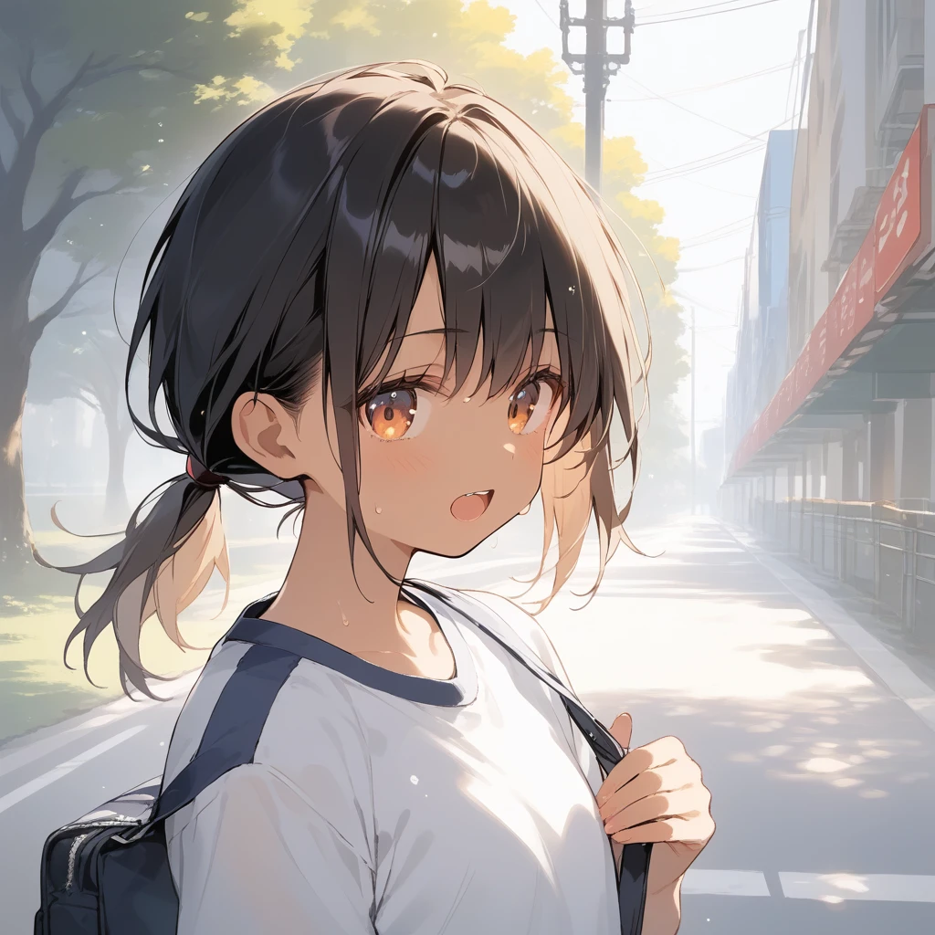 score_9, score_8_up, score_7_up, source_anime, best quality, masterpiece, official art, absurdres, highres, ultra-detailed,waifu2x,Collection: Slice of Life,break,1girl, tomboy, dark-skinned female, short hair, low ponytail, flat chest, beautiful detailed eyes, gym uniform, gym shorts, sweat, open mouth, (yawn:0.3), sleepily, outdoors, park, wind,break,(clear line illustration:1.2), super detailed skin,very high resolution, very aesthetic, Best sexual lighting powered by famous artist, 8k,cute picture,beauty illustration,photoshop_(medium),,(Detailed Lighting),best anime 8k konachan wallpaper, pixiv contest winner,