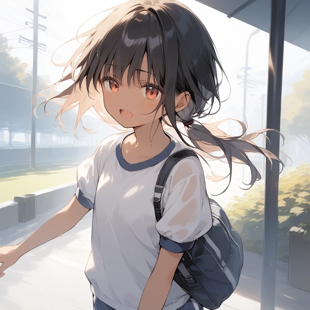 score_9, score_8_up, score_7_up, source_anime, best quality, masterpiece, official art, absurdres, highres, ultra-detailed,waifu2x,Collection: Slice of Life,break,1girl, tomboy, dark-skinned female, short hair, low ponytail, flat chest, beautiful detailed eyes, gym uniform, gym shorts, sweat, open mouth, (yawn:0.3), sleepily, outdoors, park, wind,break,(clear line illustration:1.2), super detailed skin,very high resolution, very aesthetic, Best sexual lighting powered by famous artist, 8k,cute picture,beauty illustration,photoshop_(medium),,(Detailed Lighting),best anime 8k konachan wallpaper, pixiv contest winner,