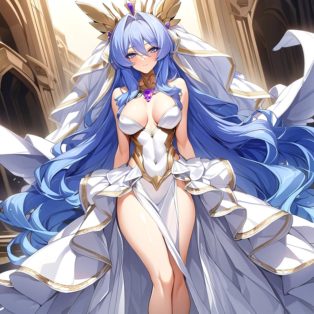 ((Highest quality)), ((masterpiece)), (detailed), (Perfect Face)、The woman was a great angel who became the Greek goddess Hera.6An archangel and god with wings and a shining halo above his head.々The wife of Zeus, the king of the gods, the queen of gods, the goddess of Extia、The woman is a beautiful goddess, Goddess Extia, the queen of the one and only god Zeus, with medium-long blue hair, wearing a pure white vintage wedding dress with luxurious gold embroidery and edging, a luxurious vintage wedding veil, luxurious jewelry and decorations, an engagement ring, and luxurious accessories. She is an elegant goddess, the graceful and beautiful queen of the gods, Goddess Extia.