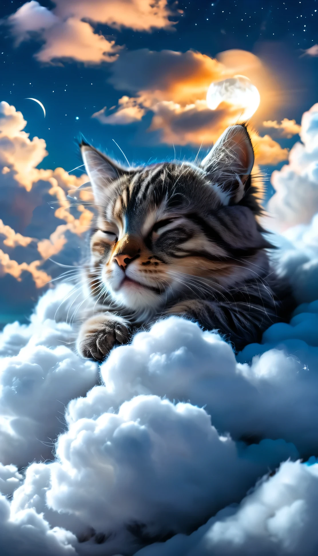 ((perfect face)), ((best quality)),UHD, 4k, Wallpaper, high quality photography, portrait of cute cat sleeping on cloud ADDCOMM night sky, blue sky ADDROW sleeping cat tusun, tusuncub ADDROW Soft clouds, (white cloud:1.6)