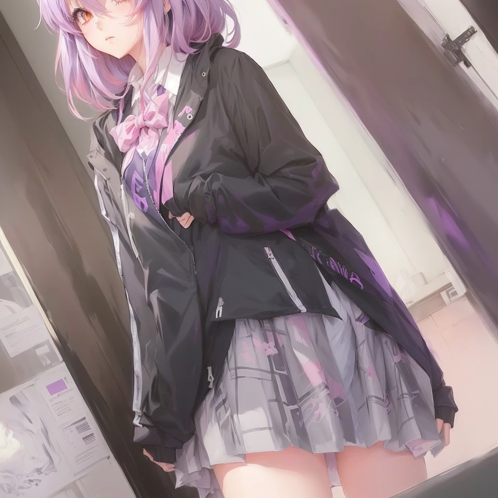 Anime Girls with purple hair and a black jacket and a pink bow, Anime Moe Art Style, artwork in the style of Gwaiz, Soft anime illustration, Zerochan Art, Gwaiz, Painted in an anime artist's studio, Surreal女子高生, Smooth anime CG art, Anime art style, Yandere. expensive, Anime Girls, Surreal