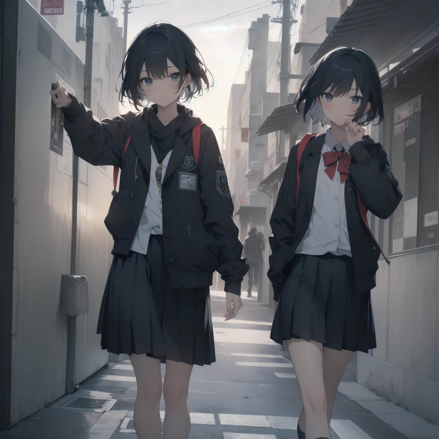 ultra-absurdres-Top quality by artist God, ultra-detailed, high resolution, anime moe artstyle, best anime 8k konachan wallpaper, pixiv contest winner, pool:2810, perfect anatomy,break, 1girl, (Please draw a girl walking sleepily to school alone. )break,(Solo,little female, 13-year-old:1.3),Full limbs, complete fingers,a junior high school student, (very short hair), short cut, flat chest, , small butt, small black eyes, beautiful detailed eyes, well-proportioned iris and pupils, expressive eyes, highres detailed hair, soft expression, salor school_uniform, sailor collar, serahuku, bow, pleated skirt,(Detailed Lighting), (Detailed background), in the School commute route. break,super detailed skin, Best cinematic lighting powered by famous artist, 8k,beauty illustration,photoshop_(medium),very aesthetic,break,((artist:kotorai )), artist:clamp ,artist:carnelian ,artist:kantoku ,