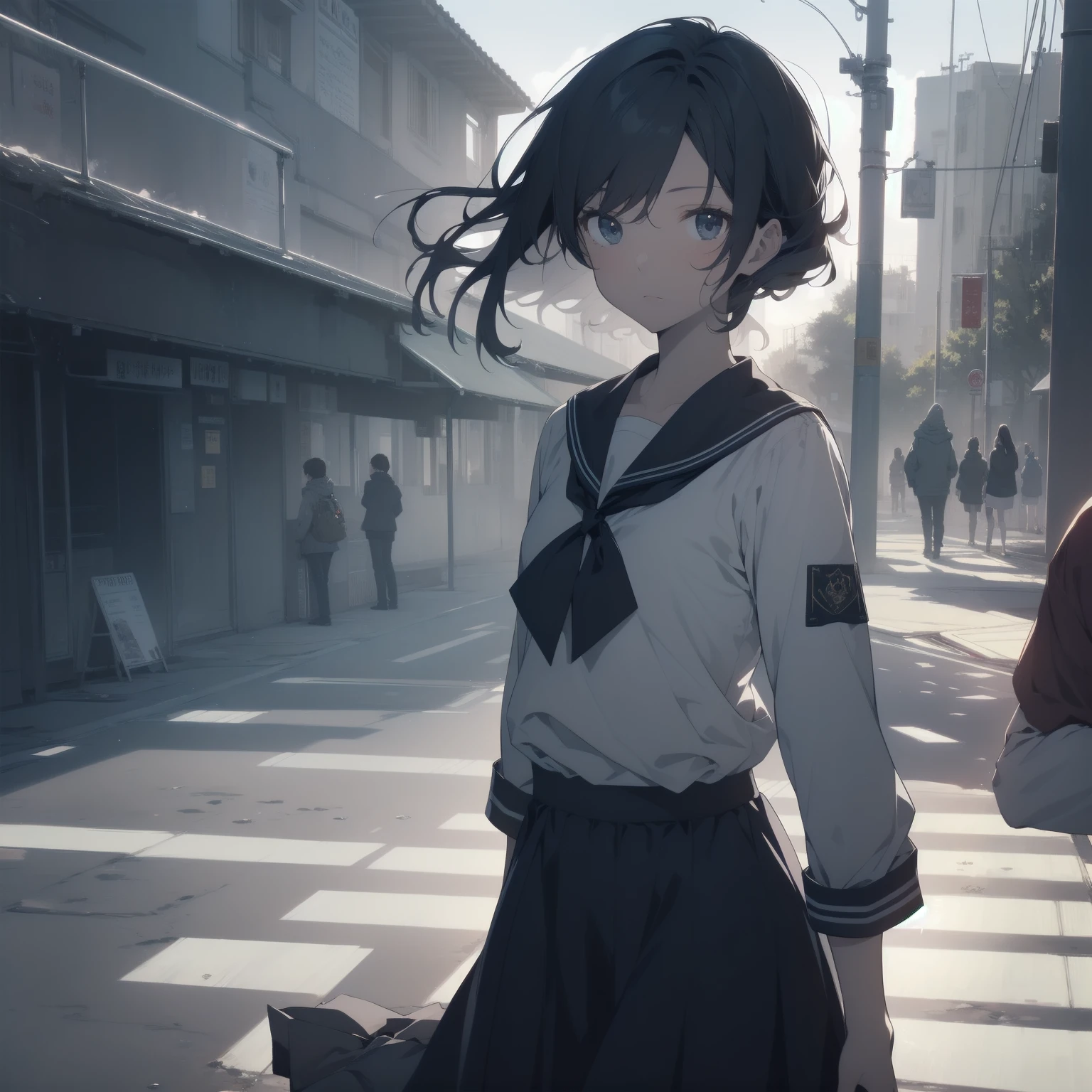 ultra-absurdres-Top quality by artist God, ultra-detailed, high resolution, anime moe artstyle, best anime 8k konachan wallpaper, pixiv contest winner, pool:2810, perfect anatomy,break, 1girl, (Please draw a girl walking sleepily to school alone. )break,(Solo,little female, 13-year-old:1.3),Full limbs, complete fingers,a junior high school student, (very short hair), short cut, flat chest, , small butt, small black eyes, beautiful detailed eyes, well-proportioned iris and pupils, expressive eyes, highres detailed hair, soft expression, salor school_uniform, sailor collar, serahuku, bow, pleated skirt,(Detailed Lighting), (Detailed background), in the School commute route. break,super detailed skin, Best cinematic lighting powered by famous artist, 8k,beauty illustration,photoshop_(medium),very aesthetic,break,((artist:kotorai )), artist:clamp ,artist:carnelian ,artist:kantoku ,
