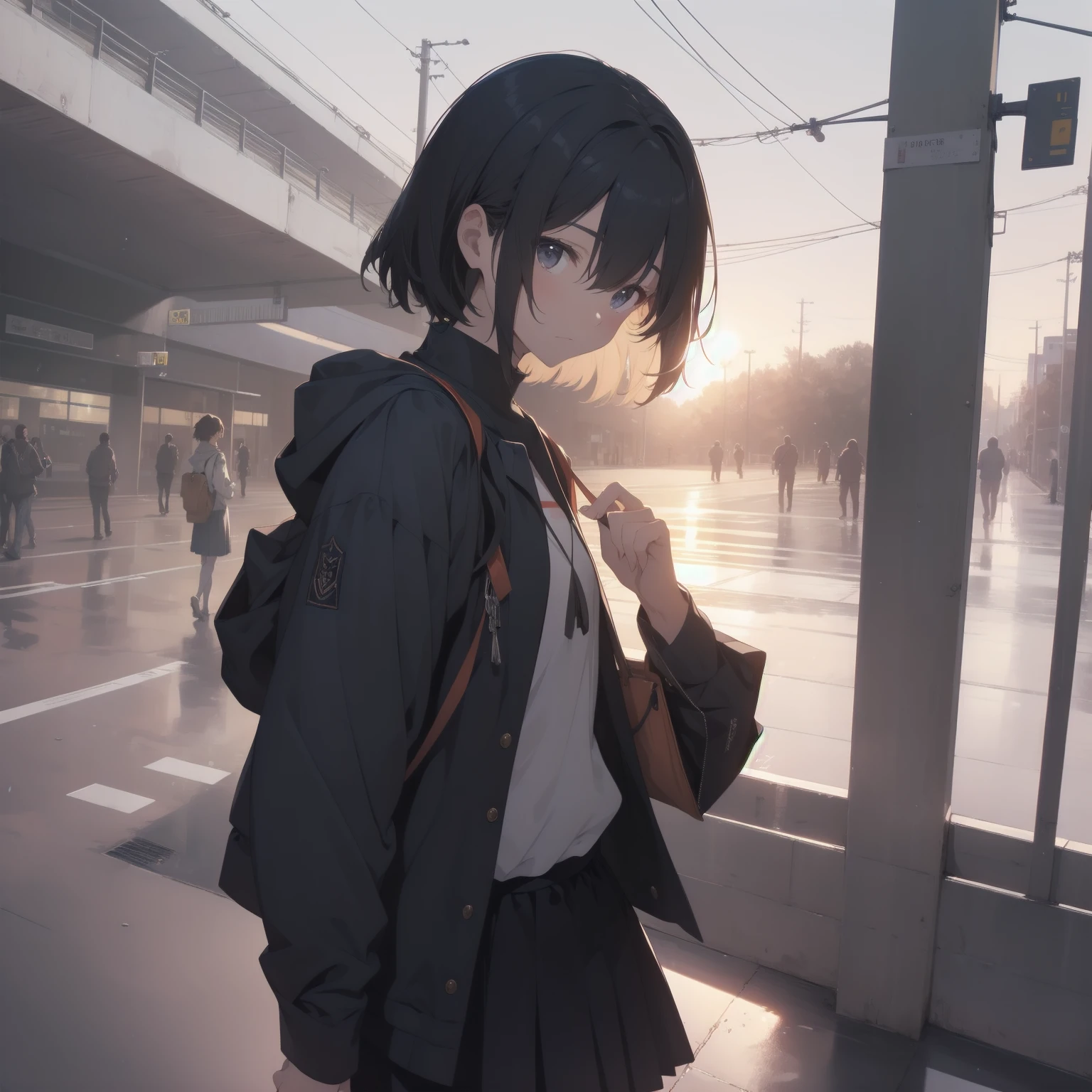 ultra-absurdres-Top quality by artist God, ultra-detailed, high resolution, anime moe artstyle, best anime 8k konachan wallpaper, pixiv contest winner, pool:2810, perfect anatomy,break, 1girl, (Please draw a girl walking sleepily to school alone. )break,(Solo,little female, 13-year-old:1.3),Full limbs, complete fingers,a junior high school student, (very short hair), short cut, flat chest, , small butt, small black eyes, beautiful detailed eyes, well-proportioned iris and pupils, expressive eyes, highres detailed hair, soft expression, salor school_uniform, sailor collar, serahuku, bow, pleated skirt,(Detailed Lighting), (Detailed background), in the School commute route. break,super detailed skin, Best cinematic lighting powered by famous artist, 8k,beauty illustration,photoshop_(medium),very aesthetic,break,((artist:kotorai )), artist:clamp ,artist:carnelian ,artist:kantoku ,