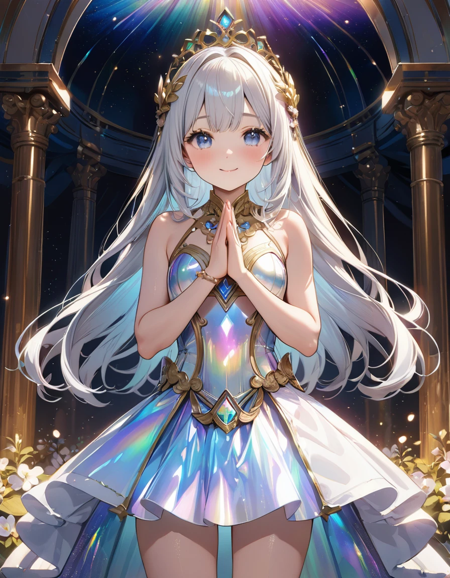 (8K, best quality, master piece: 1.2),super high resolution,1 girl is Aphrodite,18yo,solo,detailed cute face, pretty baby face, ultra cute kawaii, smile,detailed eyes,white hair,long hair,arched little crown,(Aphrodite),Gold Dress,straight hair,(iridescent light:1.4),standing,praying hands,Palace of the Gods