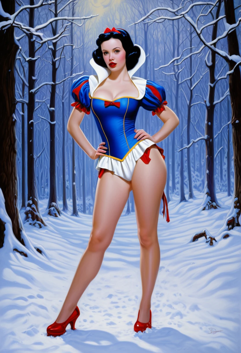 Painting of a woman in a Snow White costume, Snow White as a D&D fighter, Snow White, seven dwarves standing in the background, portrait of Snow White, inspired by Greg Hildebrandt, Sakimian Frank Franzzetta, inspired by Joe Jusco, pinup art, Snow White's pale skin, inspired by Ron English, Greg Hildebrandt, highly detailed