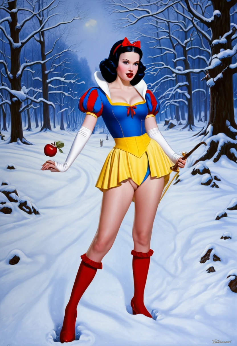 Painting of a woman in a Snow White costume, Snow White as a D&D fighter, Snow White, seven dwarves standing in the background, portrait of Snow White, inspired by Greg Hildebrandt, Sakimian Frank Franzzetta, inspired by Joe Jusco, pinup art, Snow White's pale skin, inspired by Ron English, Greg Hildebrandt, highly detailed