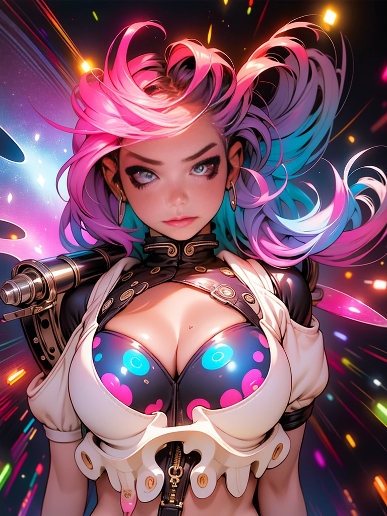 (work of art, maximum quality, best qualityer, offcial art, comely, Cosmic, atmospheric, psychedelic, dreamlike and aesthetic, swirling psychedelic Cosmic graffiti patterns:1.2), (1 girl), extremely detaild,(Fractal Art:1.3),colorfully,More Detailed, "(best qualityer, 8k, 32 mil, tabletop:1.3), ultra detali, (photorrealistic:1.4), Pink and white colors, perfect color scheme, albino, punk rock girl, detailed eyes in the moonlight, full - length portrait, Luxurious Neon Purple Punk Hair, Harajuku-inspired punk rock fashion, super huge enormously gigantic , cleavage showing, avant-garde makeup, Numerous piercings, Heavily tattooed body, swirling psychedelic Cosmic dreamlike graffiti pattern background