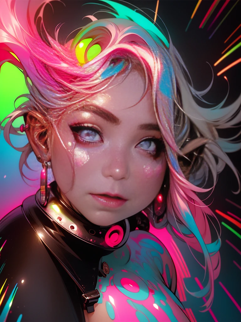 (work of art, maximum quality, best qualityer, offcial art, comely, Cosmic, atmospheric, psychedelic, dreamlike and aesthetic, swirling psychedelic Cosmic graffiti patterns:1.2), (1 girl), extremely detaild,(Fractal Art:1.3),colorfully,More Detailed, "(best qualityer, 8k, 32 mil, tabletop:1.3), ultra detali, (photorrealistic:1.4), Pink and white colors, perfect color scheme, albino, punk rock girl, detailed eyes in the moonlight, full - length portrait, Luxurious Neon Purple Punk Hair, Harajuku-inspired punk rock fashion, super huge enormously gigantic , cleavage showing, avant-garde makeup, Numerous piercings, Heavily tattooed body, swirling psychedelic Cosmic dreamlike graffiti pattern background