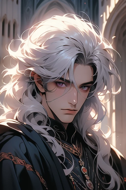 1 men, Calm, 35 year old guy, messy short with bangs, White hair, amethyst eyes, royaltly, tenet, black clothing, in a castle, close up, medieval times