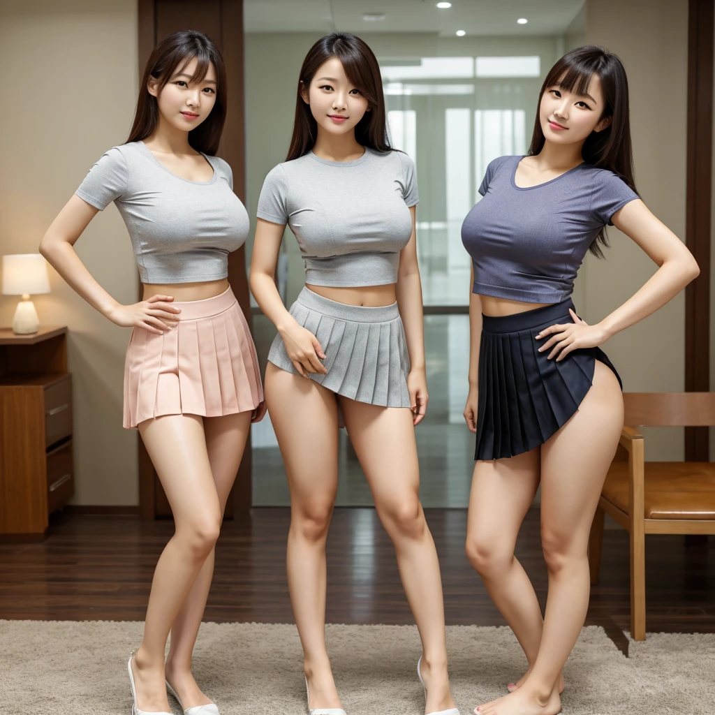 bestresolution, (2heads:1.2), two korean women looking directly at viewer, posing, extremely wide hips, tiny waist, massive breasts, pleated skirt, yoga shirt