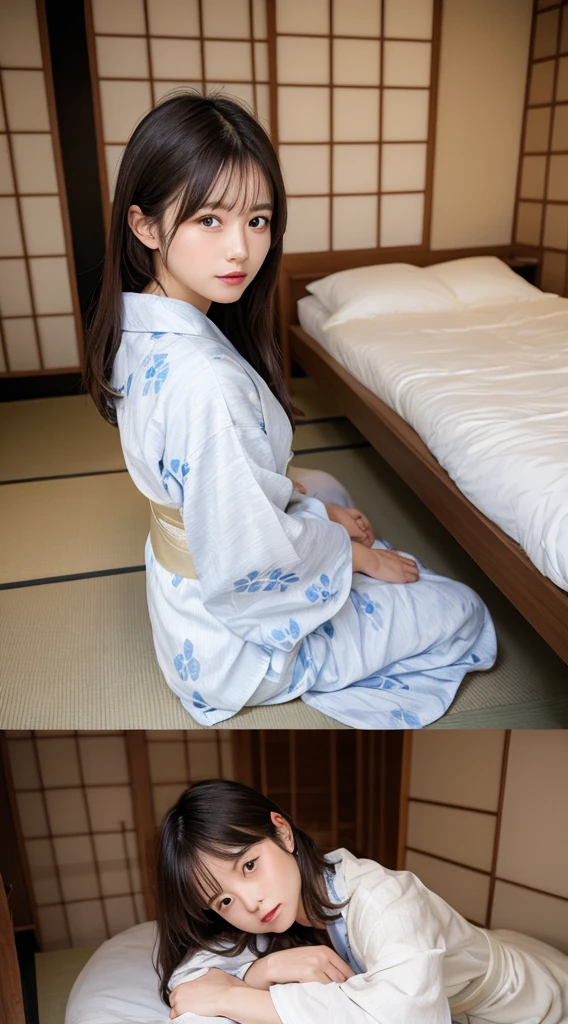Highest quality, figure, Super detailed, In detail, High resolution, 8k wallpaper, Perfect dynamic composition, Beautiful attention to detail, Japanese Beauty、Brown Hair、Sleeping in a pile、Pitch-Dark Room、Japanese-style room、Yukata at a Ryokan、barefoot、White panties visible from the bottom of the yukata、Yukata comes off、Sleeping on your back、Spread your legs