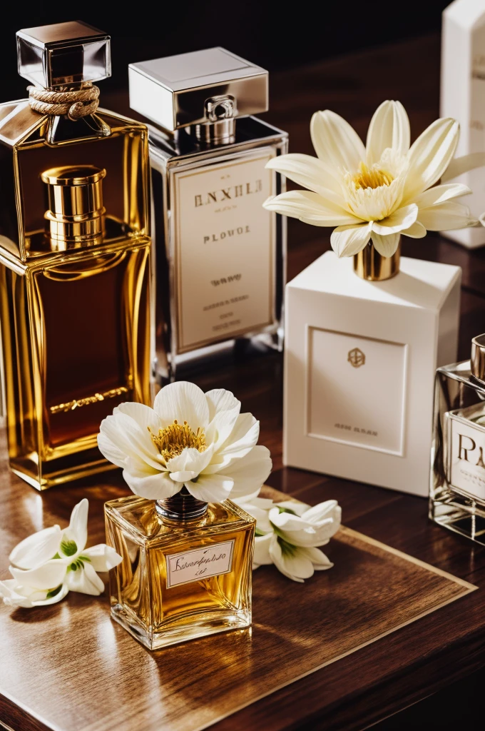 On a table several bottles of luxury perfumes and many flowers nearby