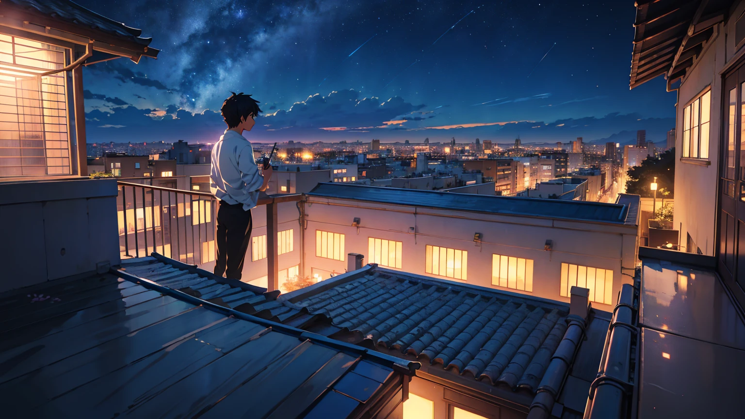 a balcony overlooking a city at night, paisagem urbana de アニメ hd, アニメ. por Makoto Shinkai, sits on a roof, paisagem de アニメ, cenário de アニメ, Makoto Shinkai e (cain kuga), set on the rooftop of Tokyo, night sky full of flowers, rooftop romantic, bela arte de アニメ, por Makoto Shinkai, por Makoto Shinkai, 4k hd,, Bela arte UHD 4K, a beautiful art illustration, cute digital painting, digital painting highly detailed, beautiful digital art, detailed painting 4k, very detailed digital painting, rich, picturesque colors, cute digital painting