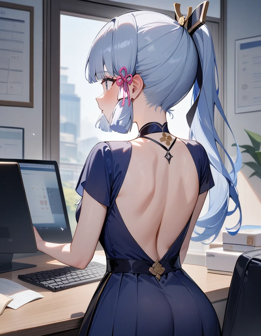 1girl, kamisato ayaka \(heytea\), genshin impact,office,dress,perfect eyes,use computer,back,masterpiece,very aesthetic,newest,sensitive