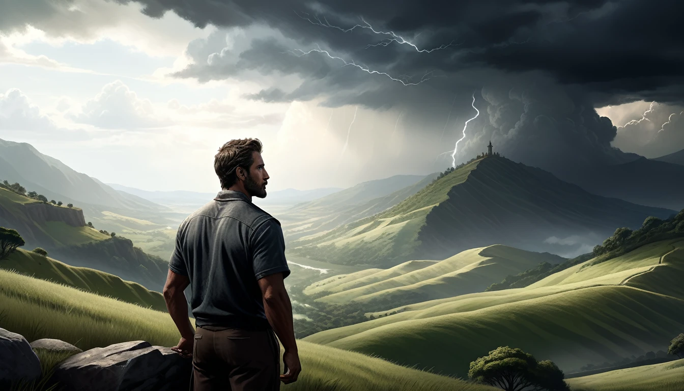 a man in a serene landscape, deep contemplation, intense emotions, divine calling, biblical narrative, dramatic lighting, cinematic atmosphere, religious symbolism, detailed facial features, expressive body language, vast open sky, rolling hills, lush greenery, storm clouds gathering, sense of impending change, monumental task at hand, faith and determination, awe-inspiring scale, photorealistic rendering, muted color palette, dramatic contrast, masterful chiaroscuro, cinematic composition