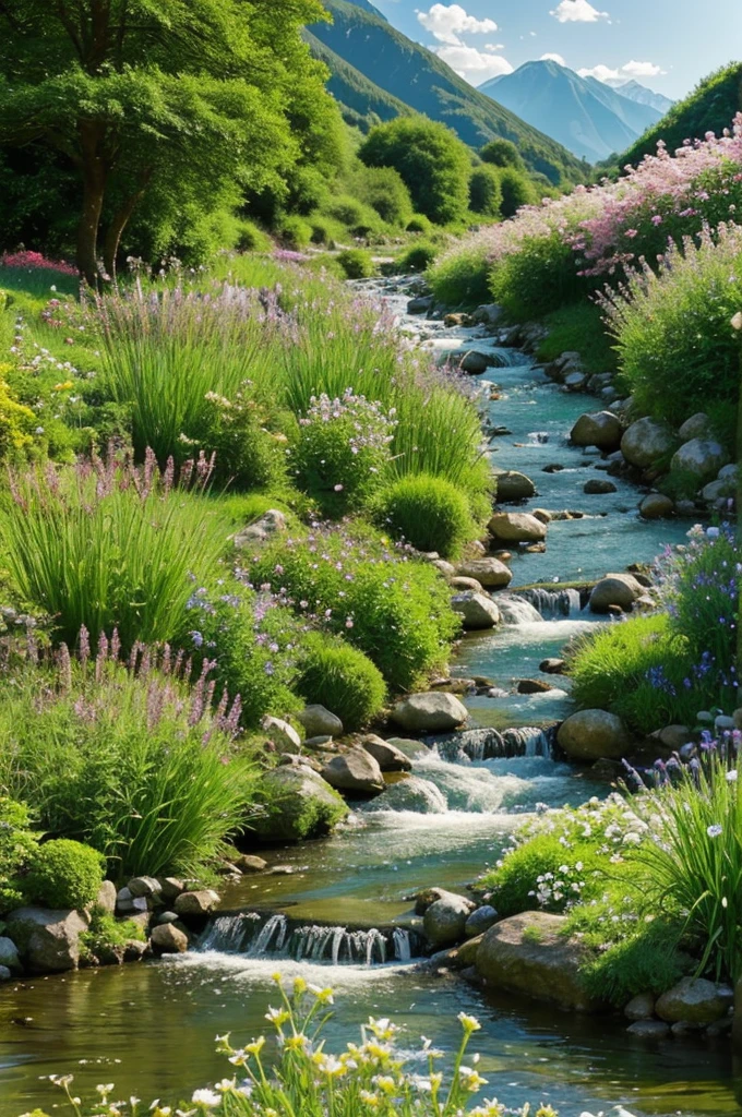 very beautiful green meadow with many beautiful flowering plants, and a stream flowing through a valley, creating a very picturesque view.