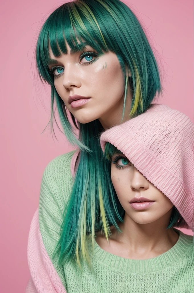 Green hair with pink lines and bangs  , 
blue eyes with cut scars on each eye pink lips , 
yellow sweater ,