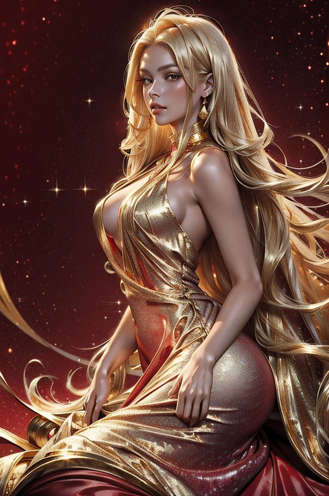(masterpiece, best quality, ultra-detailed:1.2), 1girl, perfect curves, (g0ld3mb, gold:1.1), (glimmering galaxy dress:1.1), long straight blonde hair, laced hair, wrapped in white silk, (red background:1.2), riding a wolf