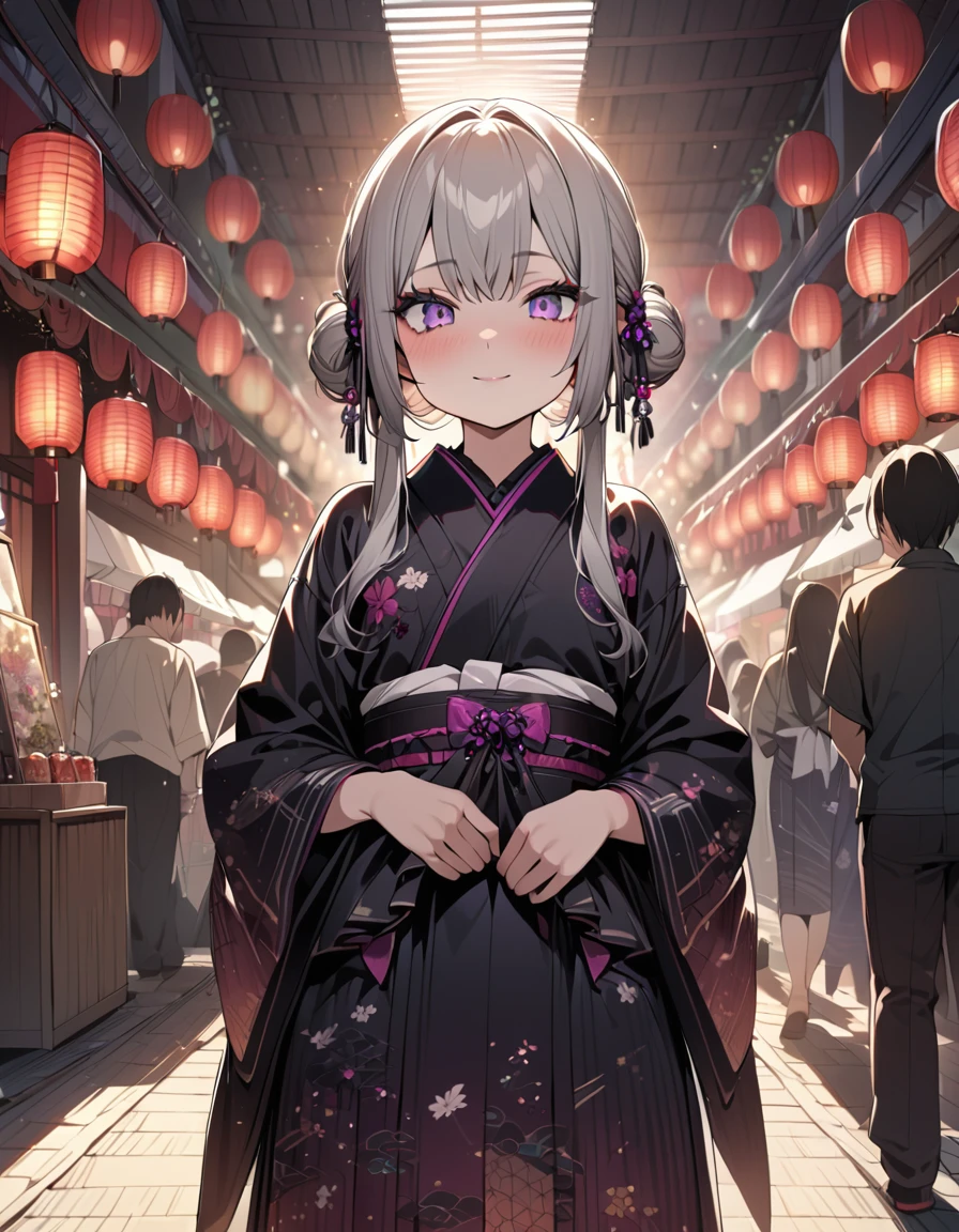 one beautifu girl walking around the Japanese festival venue,long straight gold ash hair,wearing Yukata(put the element of goth loli).,light smile,(masterpiece), (best quality), (ultra-detailed), (illustration), (detailed light),(an extremely delicate and beautiful),(beautiful details eyes),Japanese festival.natural light, wide angle shot, and high quality photo.