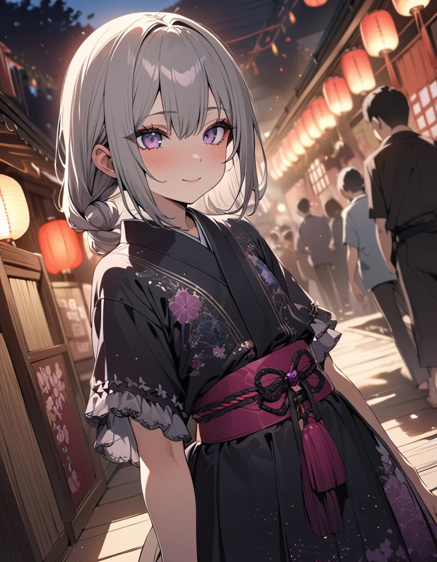 one beautifu girl walking around the Japanese festival venue,long straight gold ash hair,wearing Yukata(put the element of goth ).,light smile,(masterpiece), (best quality), (ultra-detailed), (illustration), (detailed light),(an extremely delicate and beautiful),(beautiful details eyes),Japanese festival.natural light, wide angle shot, and high quality photo.