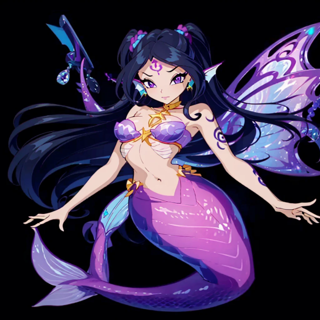 Female Mermaid, Black Hair, Purple Mermaid tail, Top, Ear Fins, RUNE TATTOOS