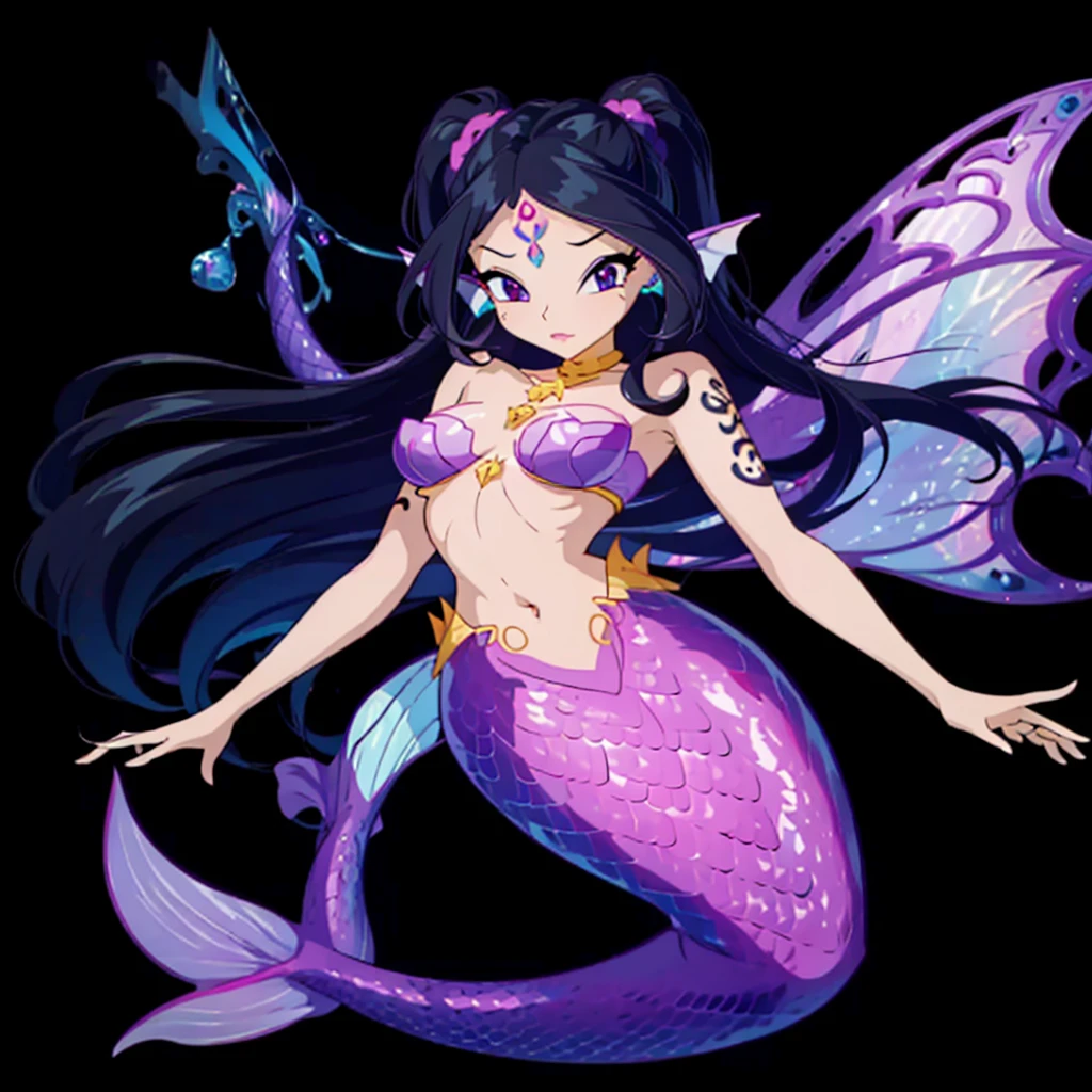 Female Mermaid, Black Hair, Purple Mermaid tail, Top, Ear Fins, RUNE TATTOOS