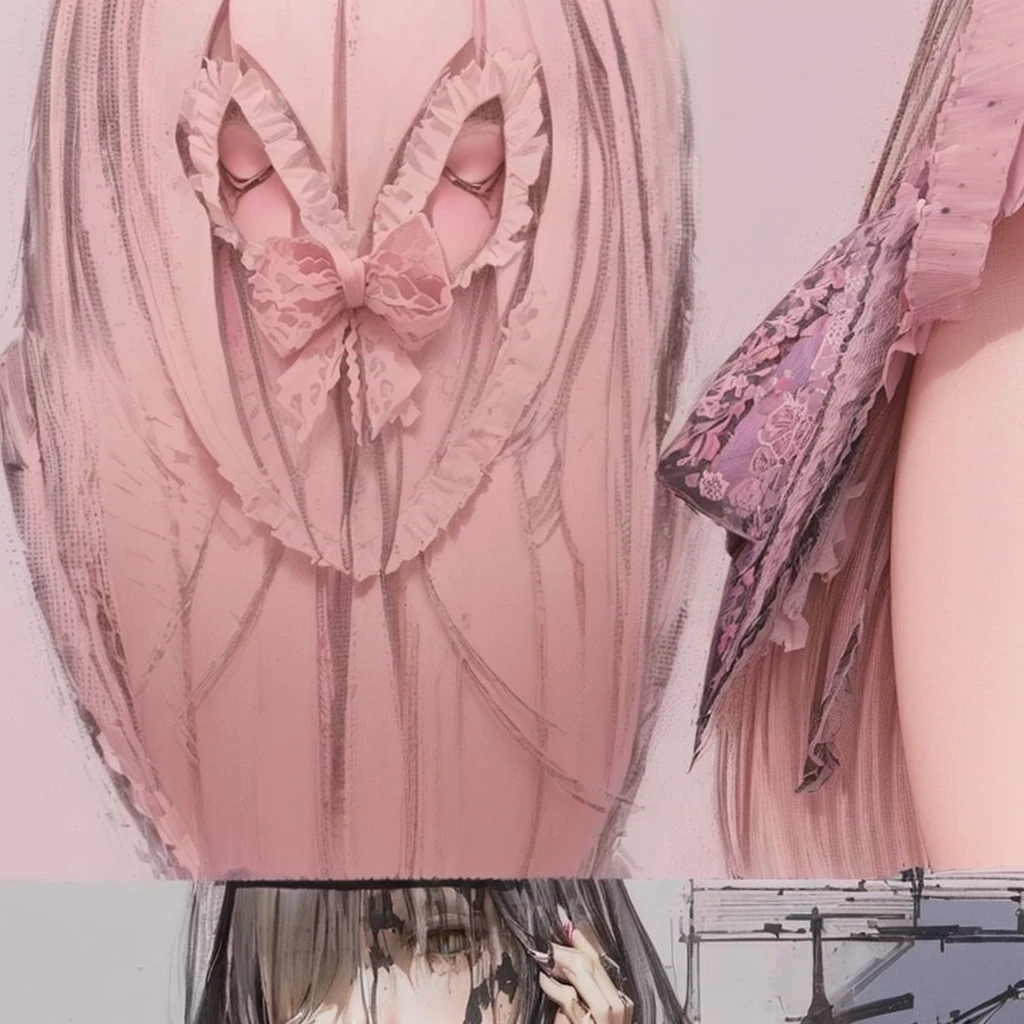 There are two photos of a woman wearing a pink hat., Yandere. expensive, gapmoe Yandere, Burning, bakemonogatari, Singey, Yandere, Yandere intricate, Ultra-detailed!!, Zero-chan, [ Conceptual Art ]!!, By Naka Bokunen, Super detailed illustration, Detailed but rough