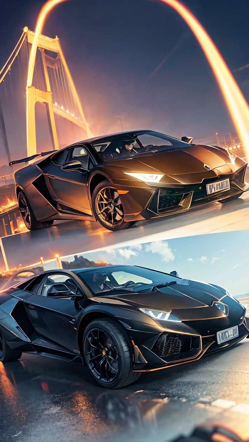 A ghost rider girl on top of the lamborghini car, driving over the rainbow bridge with the golden gate bridge in the background 