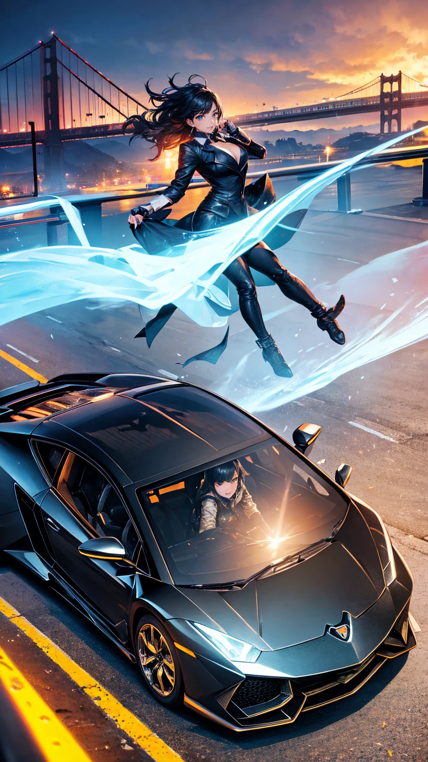 A ghost rider ??????????? of the lamborghini car, driving over the rainbow bridge with the golden gate bridge in the background 