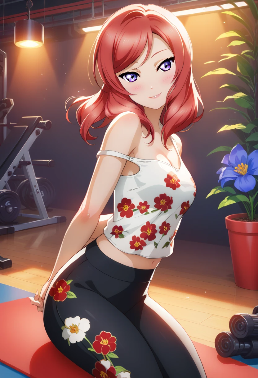 masterpiece, best quality, nishikino maki, purple eyes,red hair, volumetric lighting, illustration, beautiful, tight , Blushing, looking at viewer, flowers printed tank top, yoga pants,solo, curvy body,floral print, seductive smile, (arms behind back, head tilt:1.1),(breathtaking scenery:1.1), blushing, strap slip