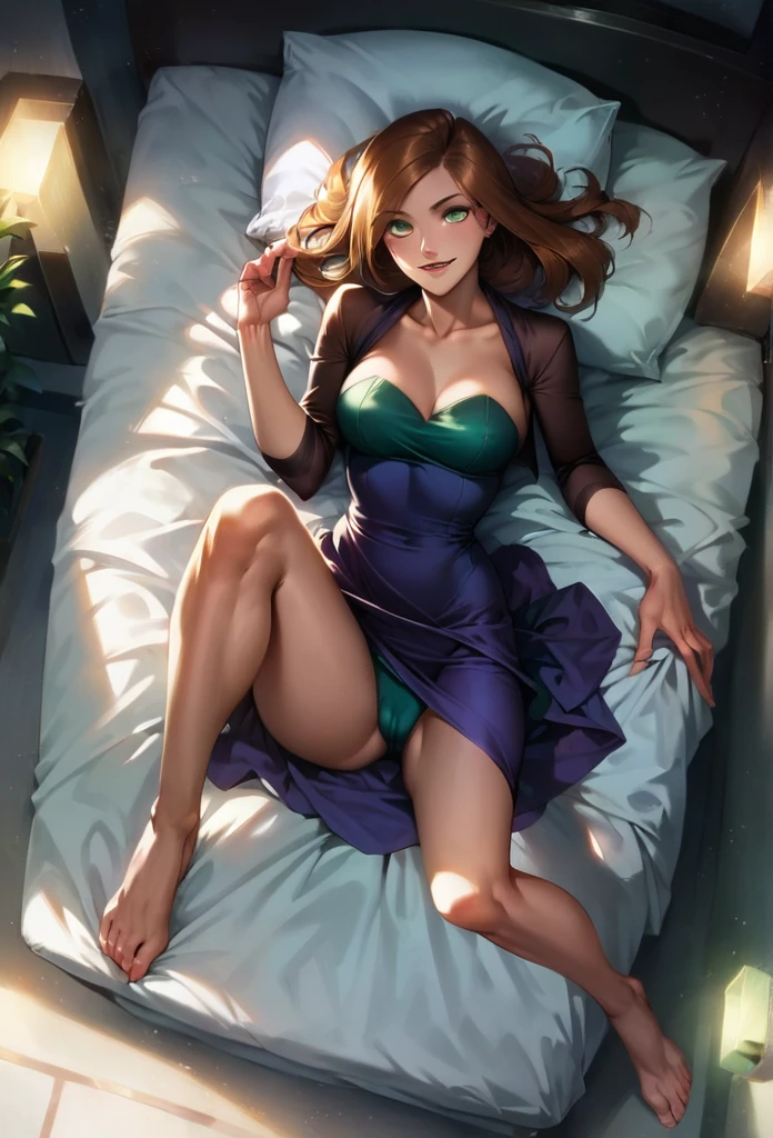 score_9, score_8_above, score_7_above, score_6_above, score_5_above, (high quality, detailed, beautiful), detailed soft lighting, classification_explicit, 1 girl, Kim Possible, Brown hair, resting in his bed, looking sexy, beautiful eyes, Open eyes, smiling, (green lantern costume:1.2), (darkness:1.2), (full body portrait:1.2), camel toe, sharp focus, portrait, studio lighting, bokeh, (masterpiece, Best Quality), (High resolution), perfect face, flawless, professional artwork, art station, cinematic lighting, beautiful face, beautiful eyes, large eyes, bright Eyes, beautiful smile, perfect hands, anatomically correct, perfect anatomy. violet dress color.