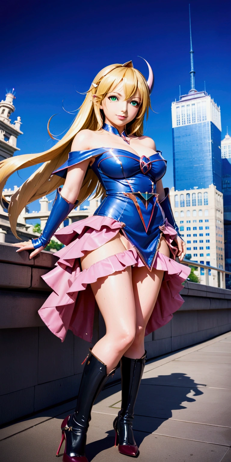 1 girl, realistic, dakimakura, Dark Magician girl cosplay, latex outfit, pink high heel boots, standing up, blonde long hair, Best quality, masterpiece,