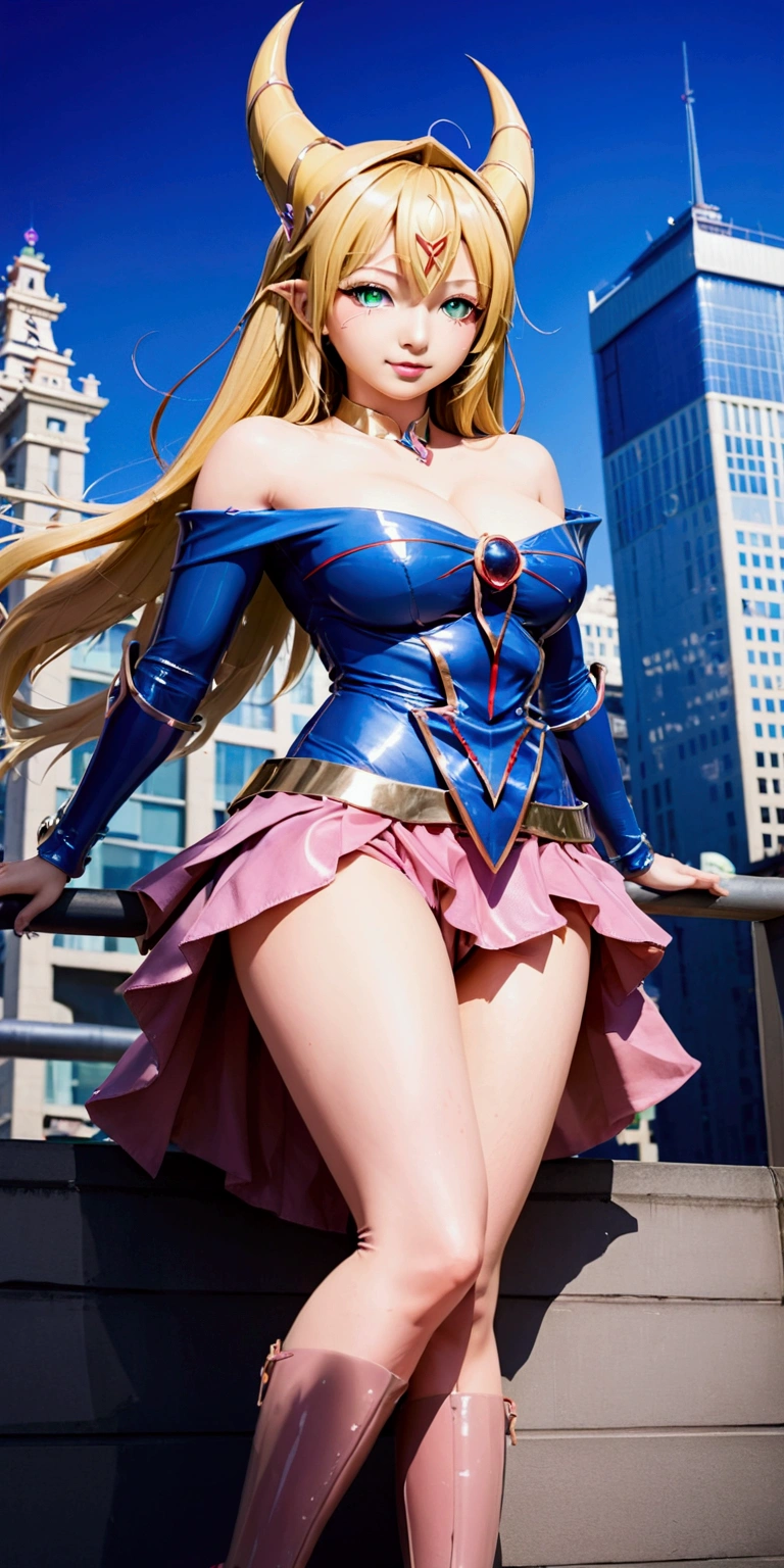 1 girl, realistic, dakimakura, Dark Magician girl cosplay, latex outfit, pink high heel boots, standing up, blonde long hair, Best quality, masterpiece,