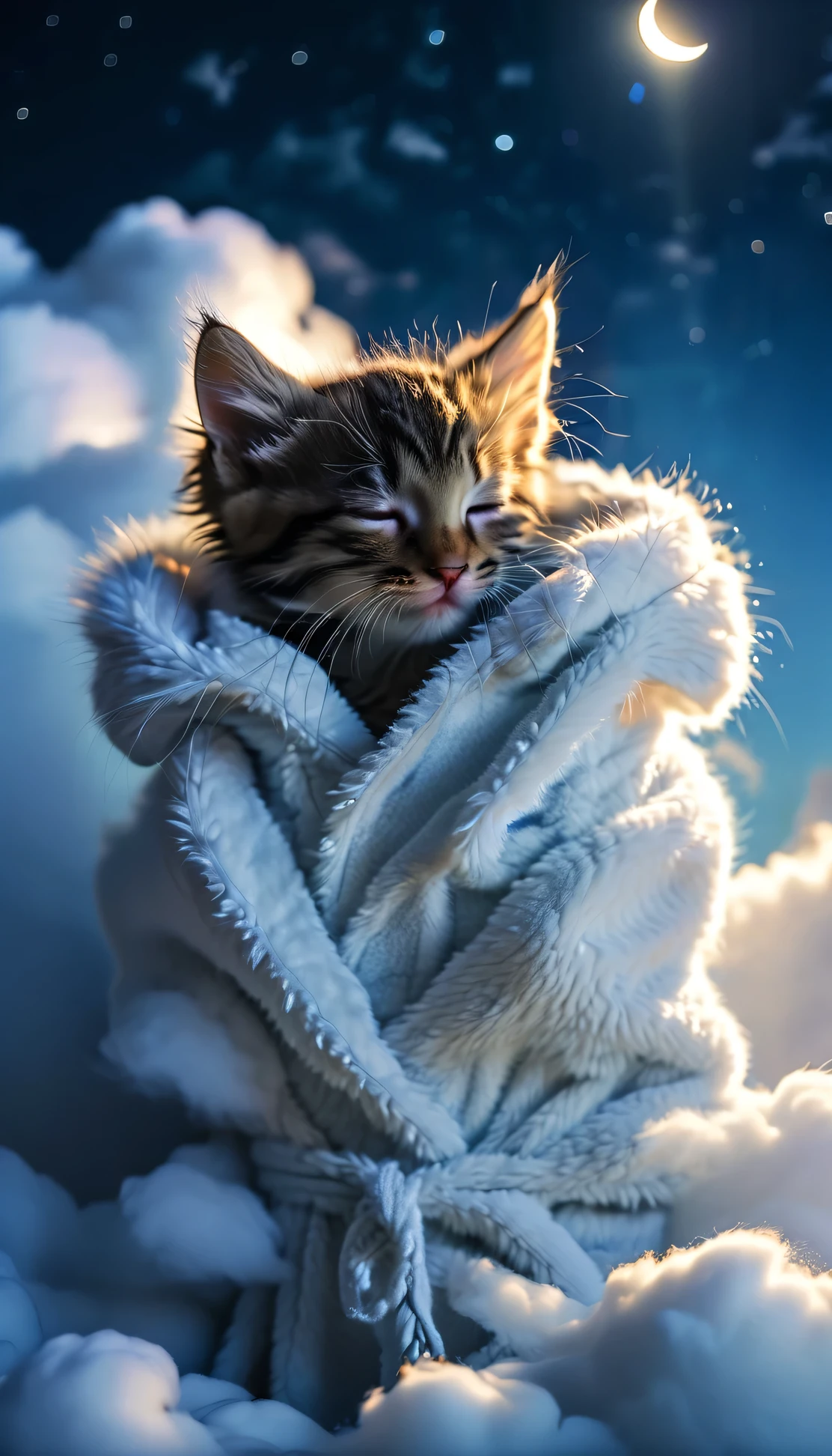 kitten in fuzzy bathrobe, sleeping on cloud, night photo, moonlight lighting, godrays rai-dissolve,