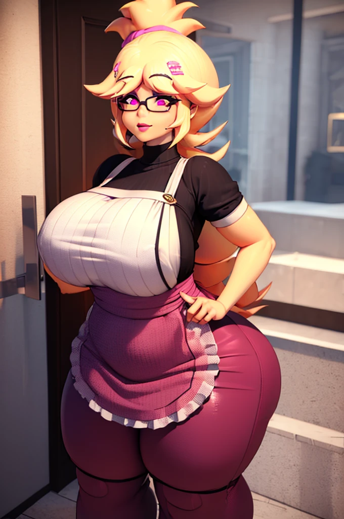 (best qualityer,high resolution,work of art:1.2),ultra detali, chiku, 3d, 3D rendering, sexly, Woman, yellow skin, yellow hair, thick-thighs, Breasts huge, pink eyes, apron, standing, lips, close up, SSBBWZ OBESA, 150KG WEIGHT