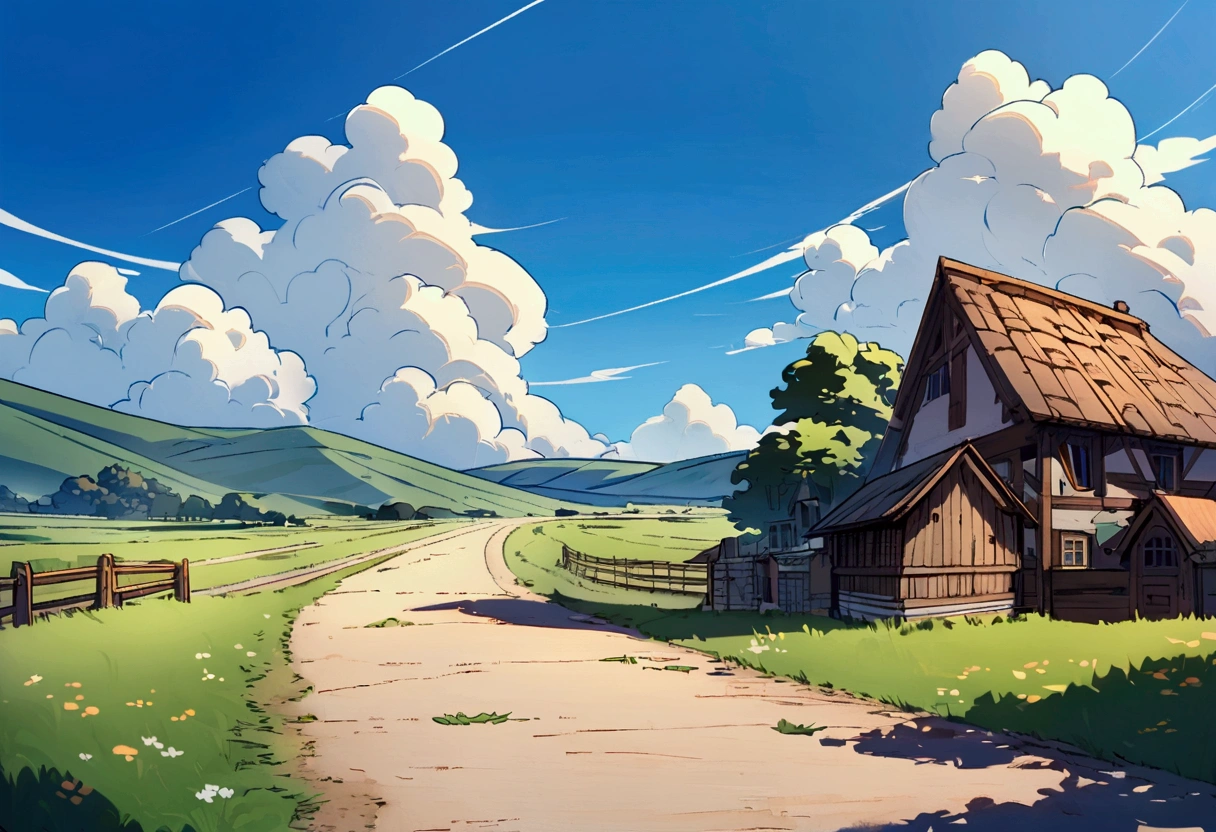 Fantasy,unmanned,background,Plains,Horse driveway,wood々,Beautiful blue sky,Light of the sun,A few small clouds,Daytime scenery,The meandering road,noon,Plains,,