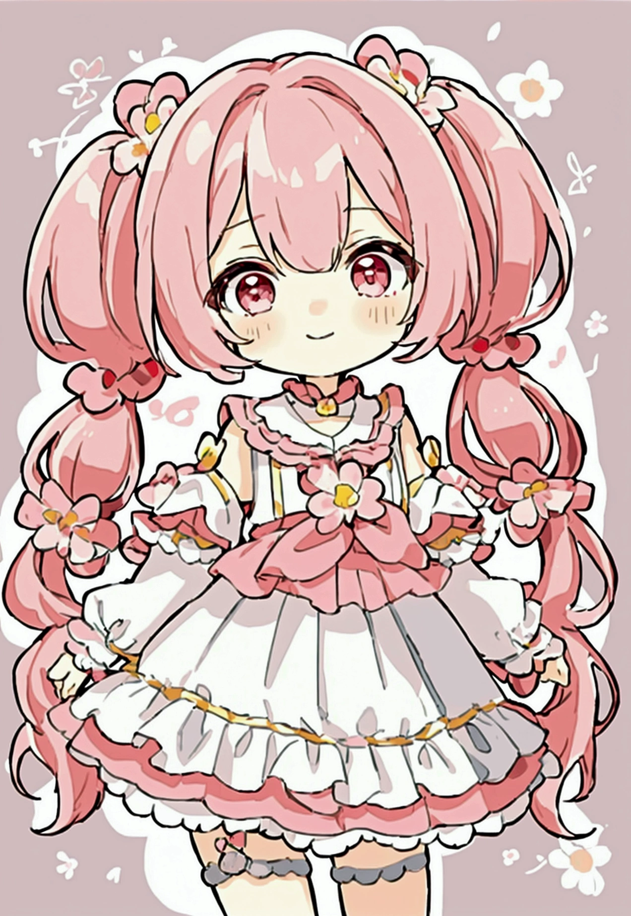 (high quality:1.6, 最high quality:1.6, detailed, 4K), (Cute style chibi girl,Twin tails,Flower,soft, colorful, delicate, Expressive, texture, sharp, Red and Pink)