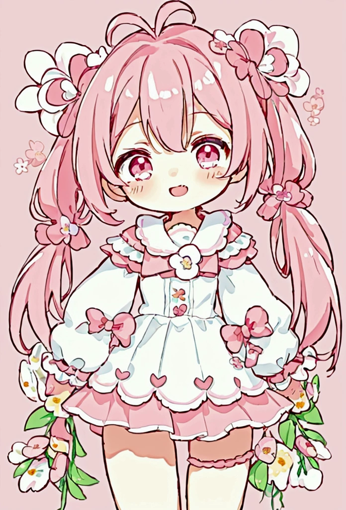 (high quality:1.6, 最high quality:1.6, detailed, 4K), (Cute style chibi girl,Twin tails,Flower,soft, colorful, delicate, Expressive, texture, sharp, Red and Pink)