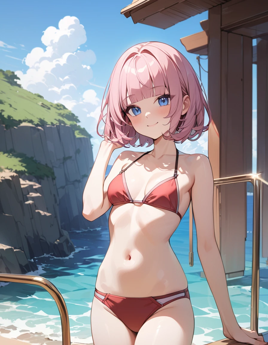 masterpiece, best quality, ultra-detailed, 1girl, pink hair, short hair, ((blunt bangs)), flipped hair, (jitome), {bikini}, Blue eyes, Medium chest、slim、Cowboy Shot、smile 、Midsummer Sea、blue sky