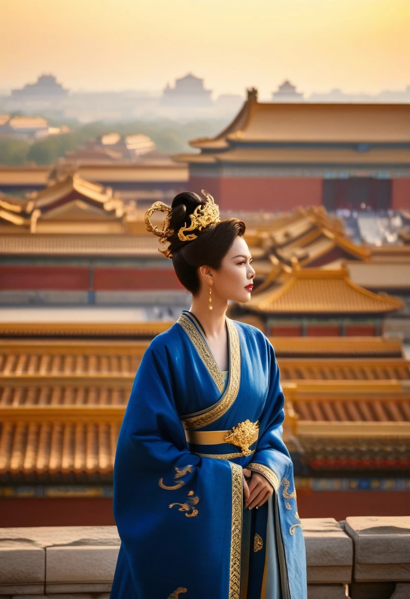 cinematic still Amidst the red walls of the Forbidden City, with its golden roofs gleaming under the sun, an asian woman in a royal blue robe with golden dragon motifs walked. Her attire, reminiscent of the empresses of yore, made her a moving masterpiece, echoing the grandeur and history of dynastic China.. emotional, harmonious, vignette, 4k epic detailed, shot on kodak, 35mm photo, sharp focus, high budget, cinemascope, moody, epic, gorgeous, film grain, grainy, cinematic, extremely, fabulous colors, artistic, perfect intricate, beautiful scenic full light, great composition, atmosphere, dynamic dramatic ambient, creative, lively, elegant
