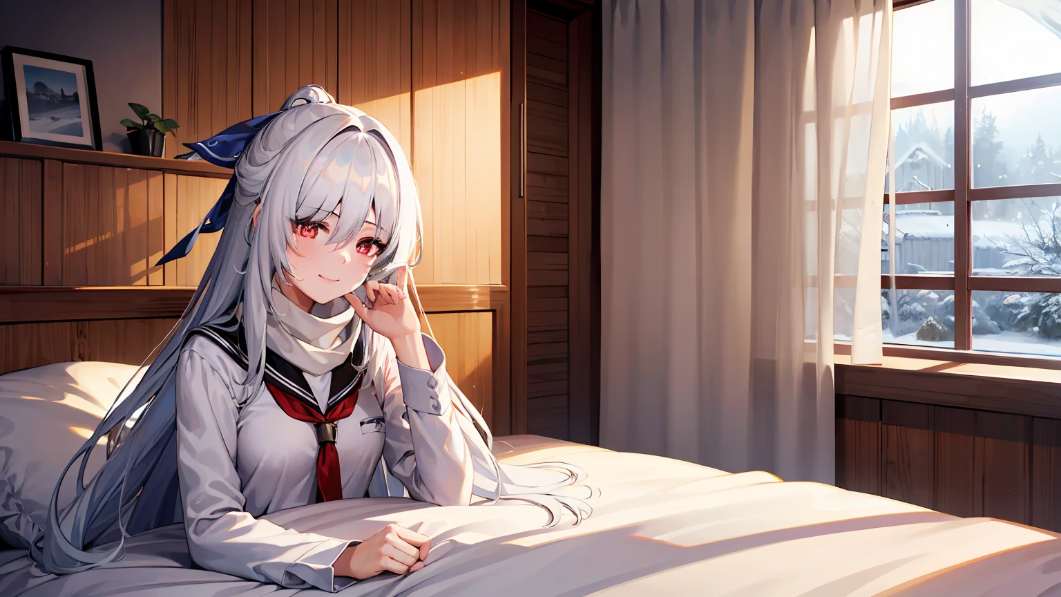 masterpiece, best quality, JingliuV5, 2girls, white hair, long hair, red eyes, white dress, white sailor collar, white scarf, sitting on bed, indoors, bedroom, windows, blue sky, winter, snow, smile, upper body. closed mouth,
