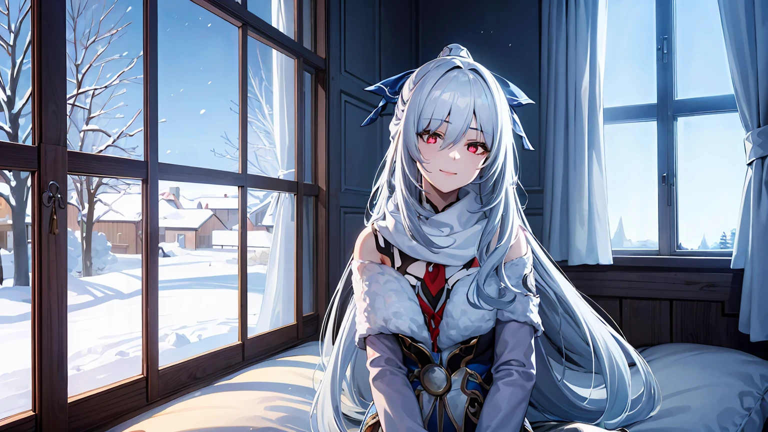 masterpiece, best quality, JingliuV5, 2girls, white hair, long hair, red eyes, white dress, white sailor collar, white scarf, sitting on bed, indoors, bedroom, windows, blue sky, winter, snow, smile, upper body. closed mouth,
