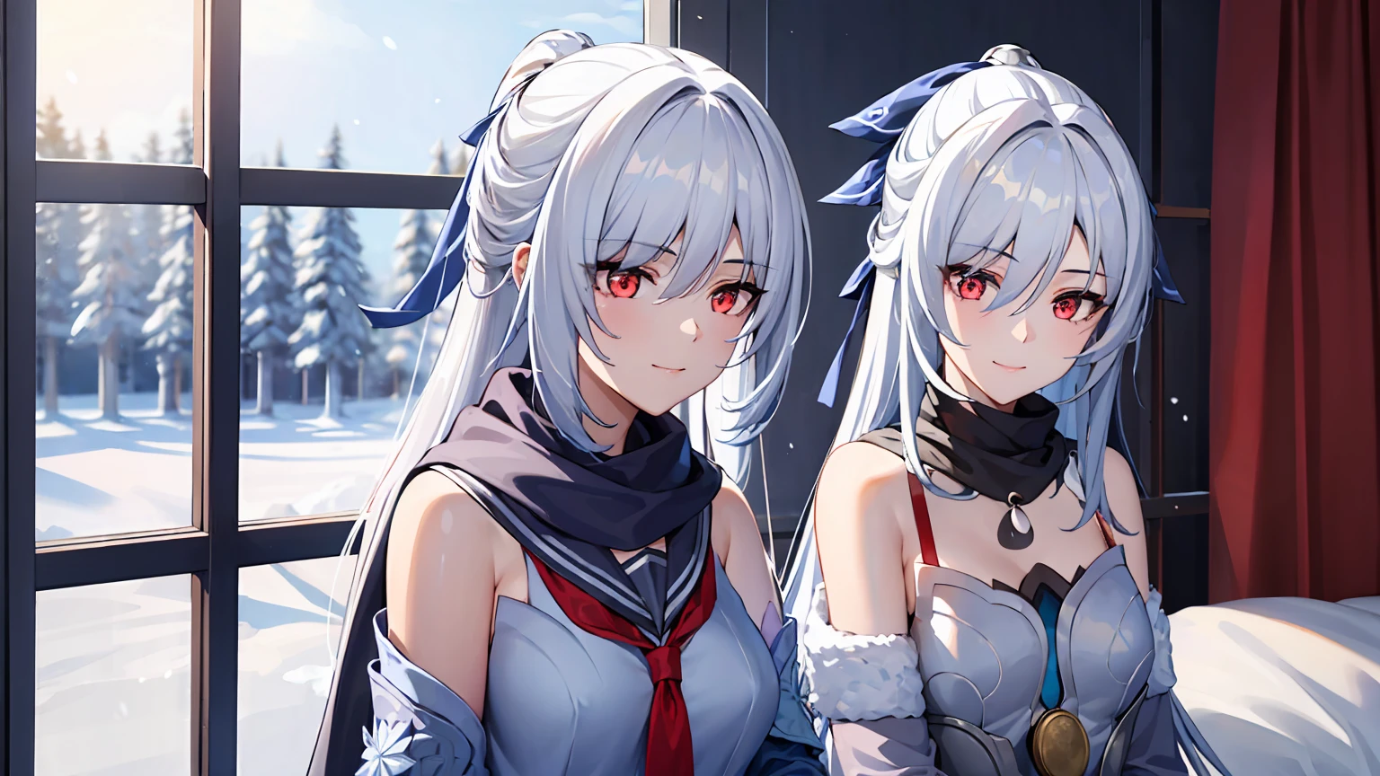 masterpiece, best quality, JingliuV5, 2girls, white hair, long hair, red eyes, white dress, white sailor collar, white scarf, sitting on bed, indoors, bedroom, windows, blue sky, winter, snow, smile, upper body. closed mouth,
