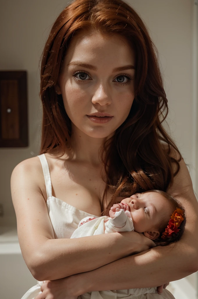 A RED-HAIRED WOMAN IN A DRESS HOLDING A BRUNETTE BABY ON HER WHITE ULTRA REALISTIC 4K PHOTO