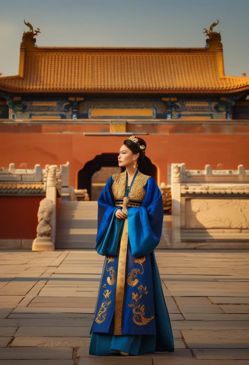 cinematic still Amidst the red walls of the Forbidden City, with its golden roofs gleaming under the sun, an asian woman in a royal blue robe with golden dragon motifs walked. Her attire, reminiscent of the empresses of yore, made her a moving masterpiece, echoing the grandeur and history of dynastic China.. emotional, harmonious, vignette, 4k epic detailed, shot on kodak, 35mm photo, sharp focus, high budget, cinemascope, moody, epic, gorgeous, film grain, grainy, cinematic, extremely, fabulous colors, artistic, perfect intricate, beautiful scenic full light, great composition, atmosphere, dynamic dramatic ambient, creative, lively, elegant