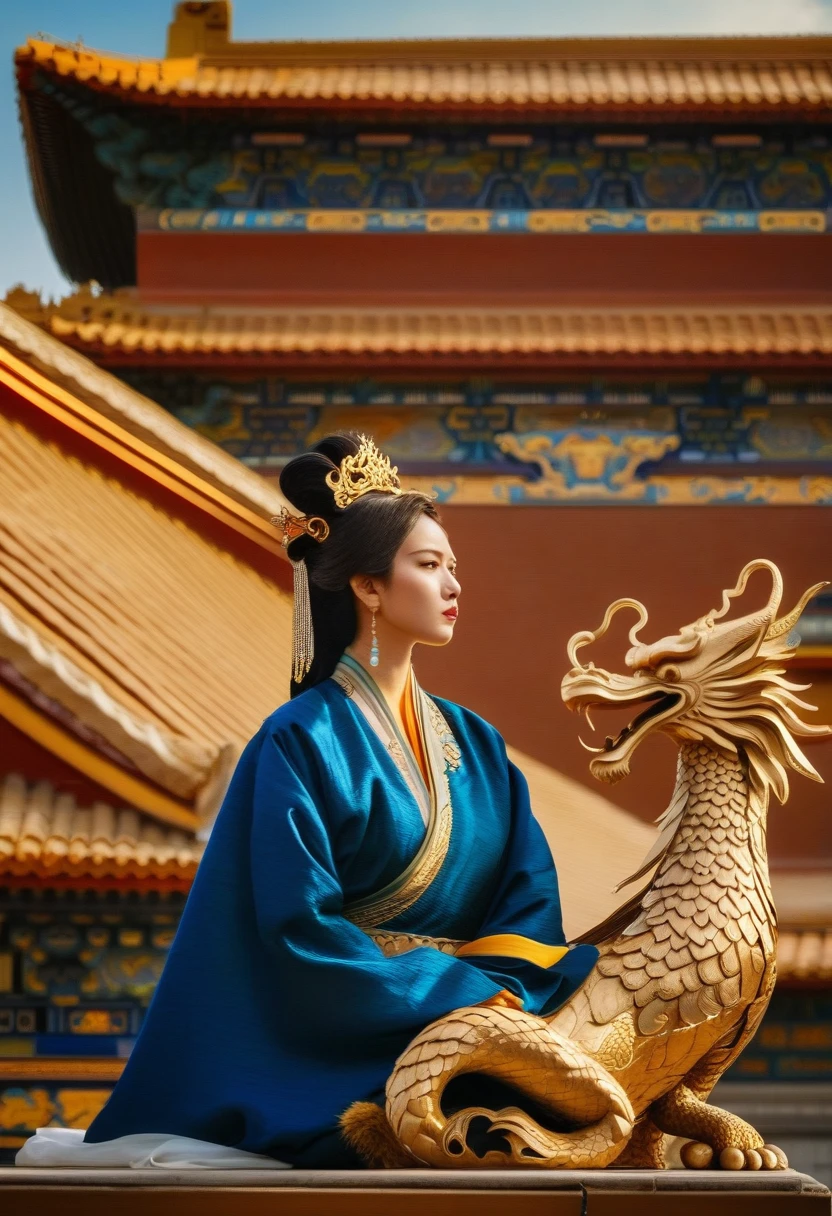 cinematic still Amidst the red walls of the Forbidden City, with its golden roofs gleaming under the sun, an asian woman in a royal blue robe with golden dragon motifs walked. Her attire, reminiscent of the empresses of yore, made her a moving masterpiece, echoing the grandeur and history of dynastic China.. emotional, harmonious, vignette, 4k epic detailed, shot on kodak, 35mm photo, sharp focus, high budget, cinemascope, moody, epic, gorgeous, film grain, grainy, cinematic, extremely, fabulous colors, artistic, perfect intricate, beautiful scenic full light, great composition, atmosphere, dynamic dramatic ambient, creative, lively, elegant