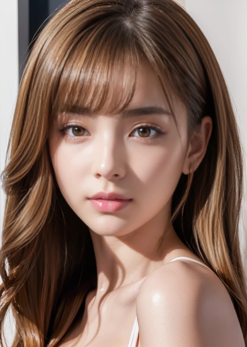 Thin pubic hair((Highest quality、8k、masterpiece:1.3))((Perfect glowing skin,Perfect Skin))　Browsing Caution　Realistic　Bright room　White Room　White skin　Golden brown hair　Wavy Hair　bangs