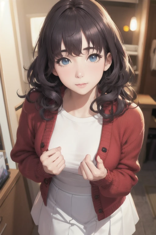girl,Character design sheet,Beautiful attention to detail,Beautiful lip detail,Very detailed目と顔,Long eyelashes,Realistic,photoRealistic:1.37,Very detailed,Professional,Vibrant colors,Portraiture,Studio Lighting,Sharp focus,Physically Based Rendering,High resolution,超High resolution. blue eyes,Big eyes, Long Hair,Curly hair、Black Hair,Red cheeks,Droopy eyes,Small breasts,Jacket,Red cardigan,White T-shirt,White long skirt,Subjective hand,Hand on hand