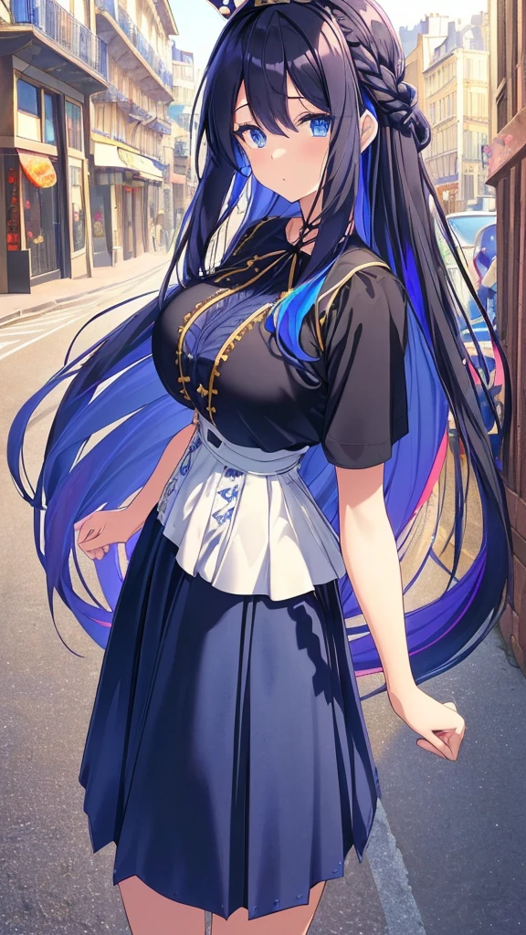 best quality, extremely detailed,anime style girl,long hair down to the waist, straight hair, ((dark black hair with bluish)),((crown braid)),beautiful detailed eyes, pinched eyes, (dark blue eyes),huge breasts,curvy,((((casual French skirt)))),((colorful casual wear)),clothing with complex patterns,cool expression,((((crowded western street)))),Sunlight,((Diagonal angle))